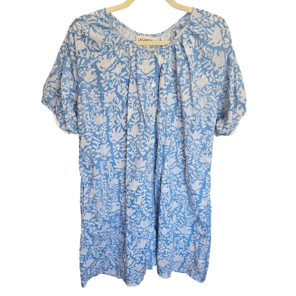 Lagamos Scoopneck Mini Dress Cotton Boho Pockets Blue Floral Summer Travel Large